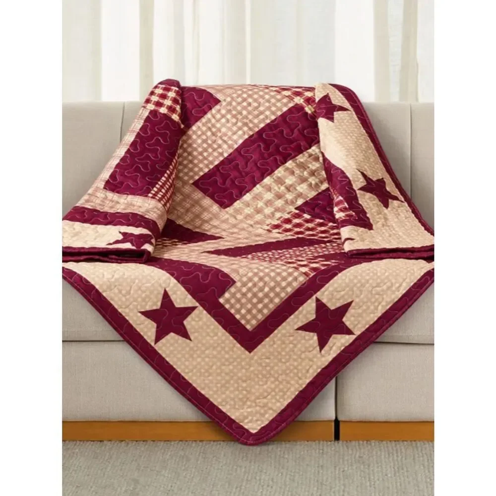 Primitive Burgundy Star Printed Quilted Throw Blanket Farmhouse Cottagecore